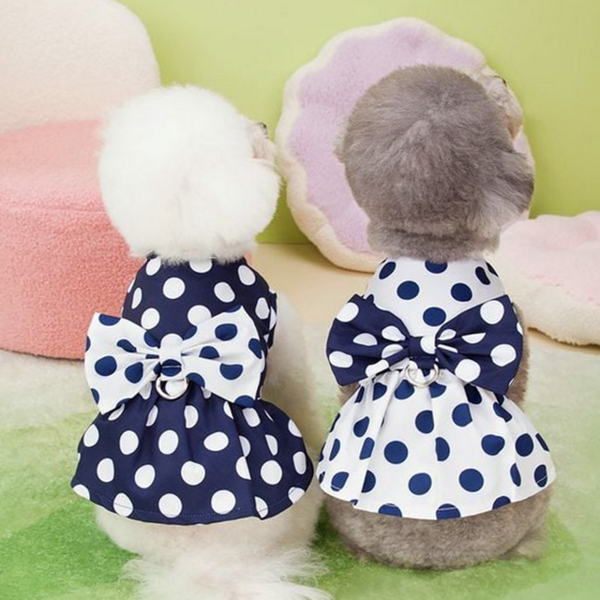리본 강아지 하네스 원피스 소형견 강아지 도트 원피스 산책복 산책 - 상품 이미지