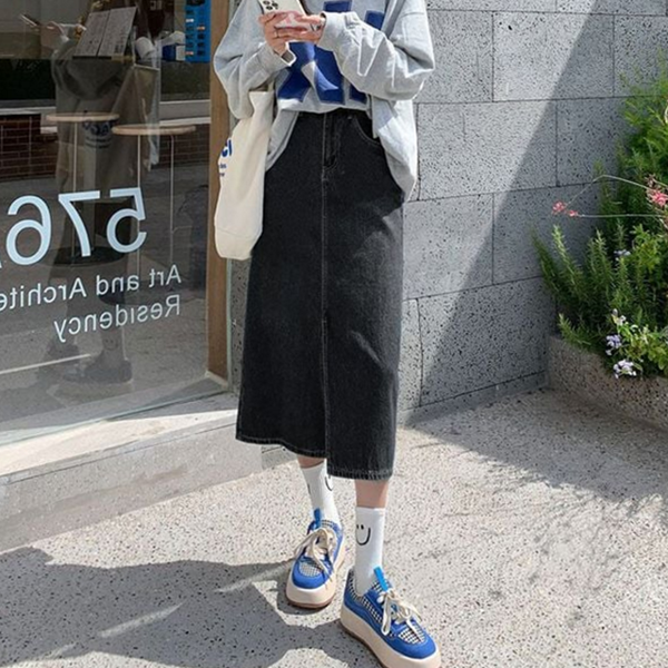 청치마 여성 롱 스커트 캐주얼 여성 데님 스커트 앞트임 슬림 - 상품 이미지