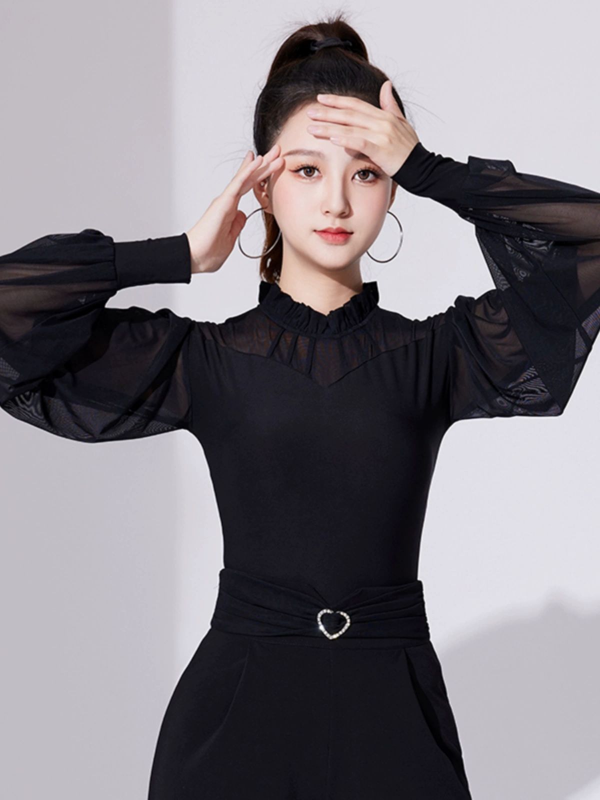 스포츠 댄스복 상의 긴팔 재즈 레이스 라인 라틴 블랙 M - 상세 이미지 2