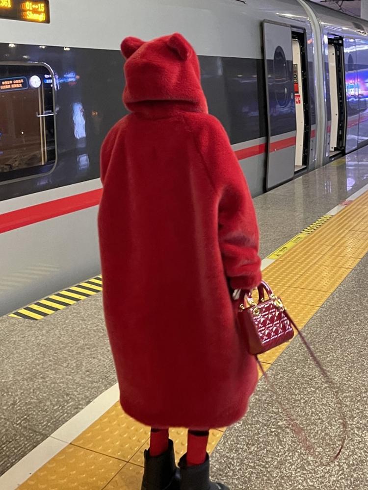 에코퍼롱코트 연말모임룩 모피 밍크코트 인조퍼 인조밍크코트 양털 퍼롱코트 에코퍼후드 여성퍼코트 - 상세 이미지 4