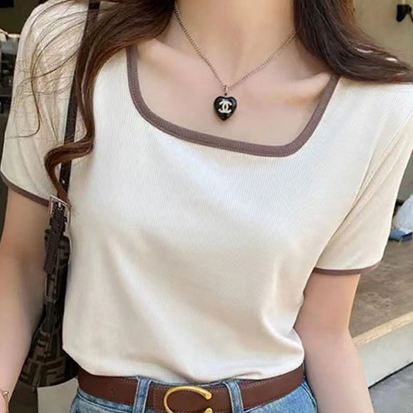 데일리 여성 반팔 티셔츠 슬림핏 여자 스퀘어넥 티셔츠 배색 골지 - 상품 이미지