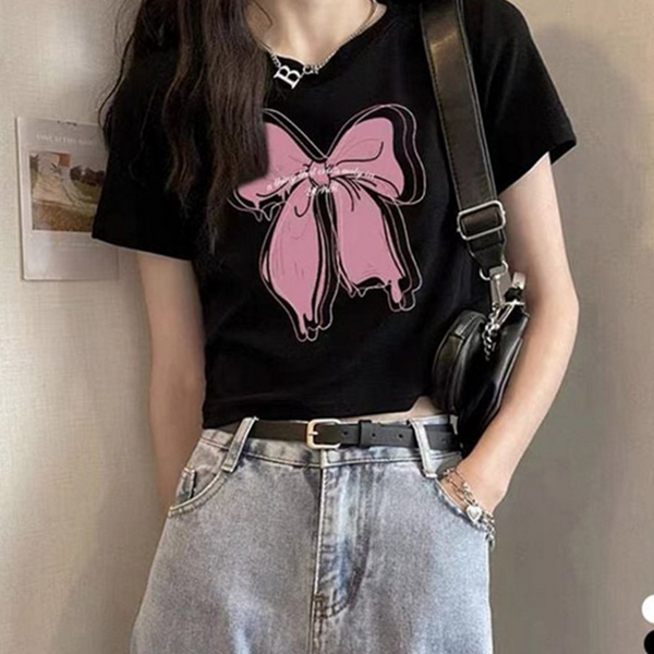 루즈핏 여성 크롭 티 드로잉 리본 프린팅 티셔츠 데일리 - 상품 이미지