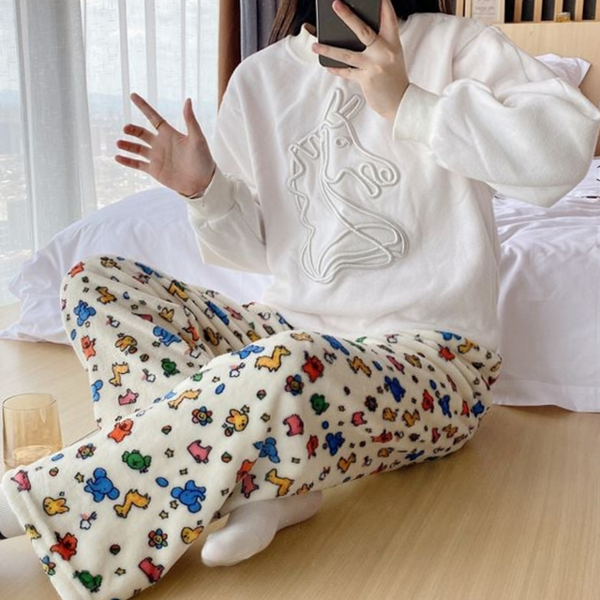 부드러운 여성 수면 바지 따뜻한 겨울 수면 바지 극세사 데일리 - 상세 이미지 2