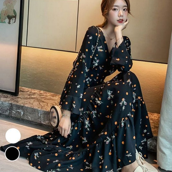플레어 여성 롱 원피스 플라워 여성 꽃무늬 원피스 데일리 가을 - 상품 이미지