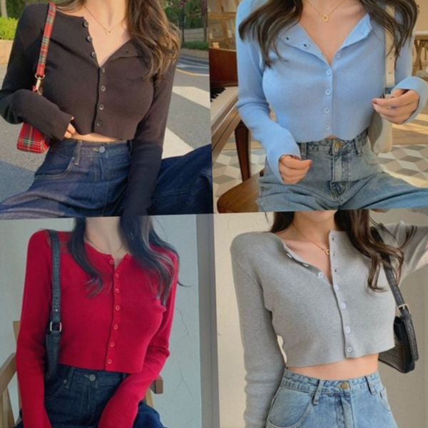 데일리 여성 크롭 가디건 기본 여자 크롭 가디건 브이넥 가을 - 상품 이미지