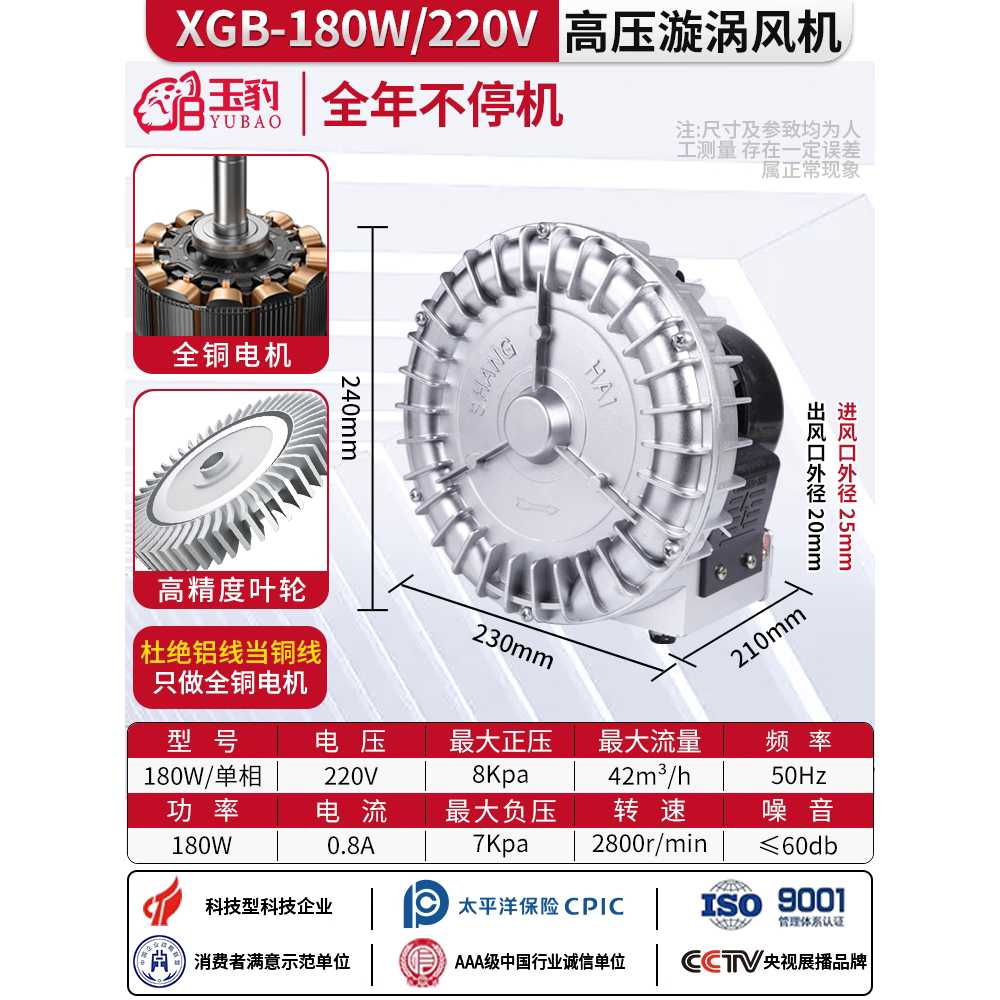 링브로워 송풍기 고압 배풍기 터보 와류 터보송풍기 XGB - 120W/220V 단상 - 상세 이미지 2