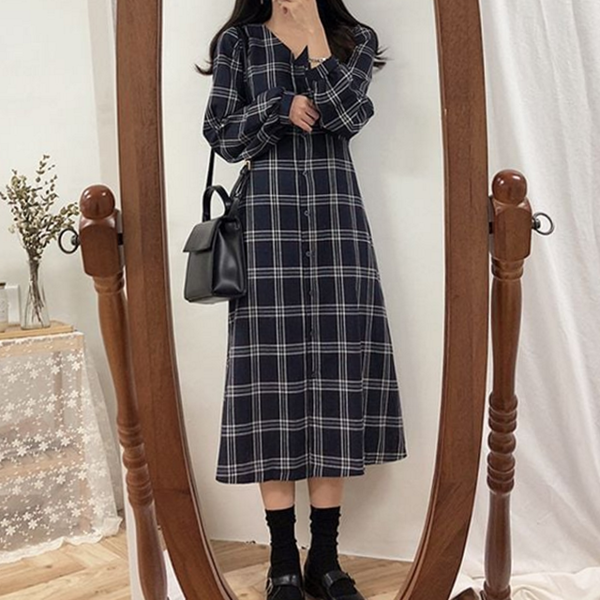 빅사이즈 여성 체크 원피스 데일리 여성 롱 원피스 루즈핏 가을 - 상품 이미지
