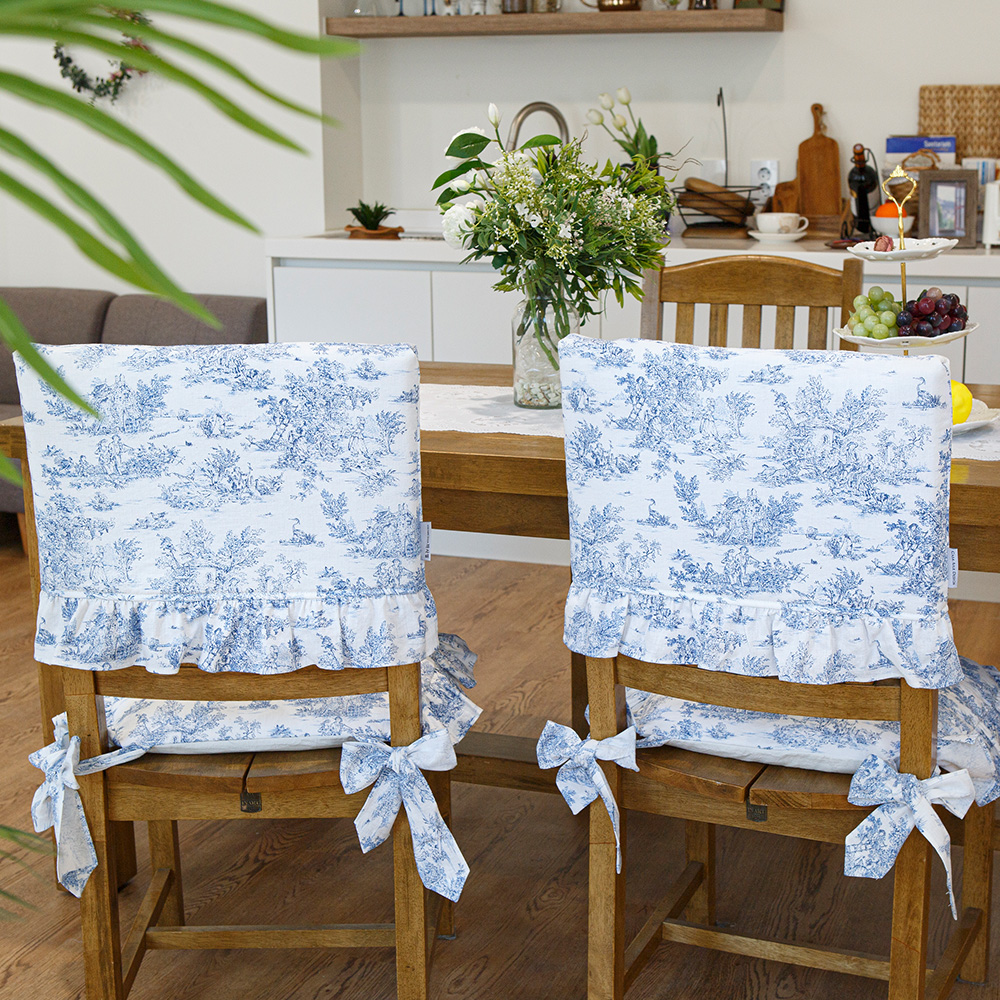 뜨왈 식탁 의자 방석 커버, 블루 면 린넨 워싱 프릴 화장대 리폼