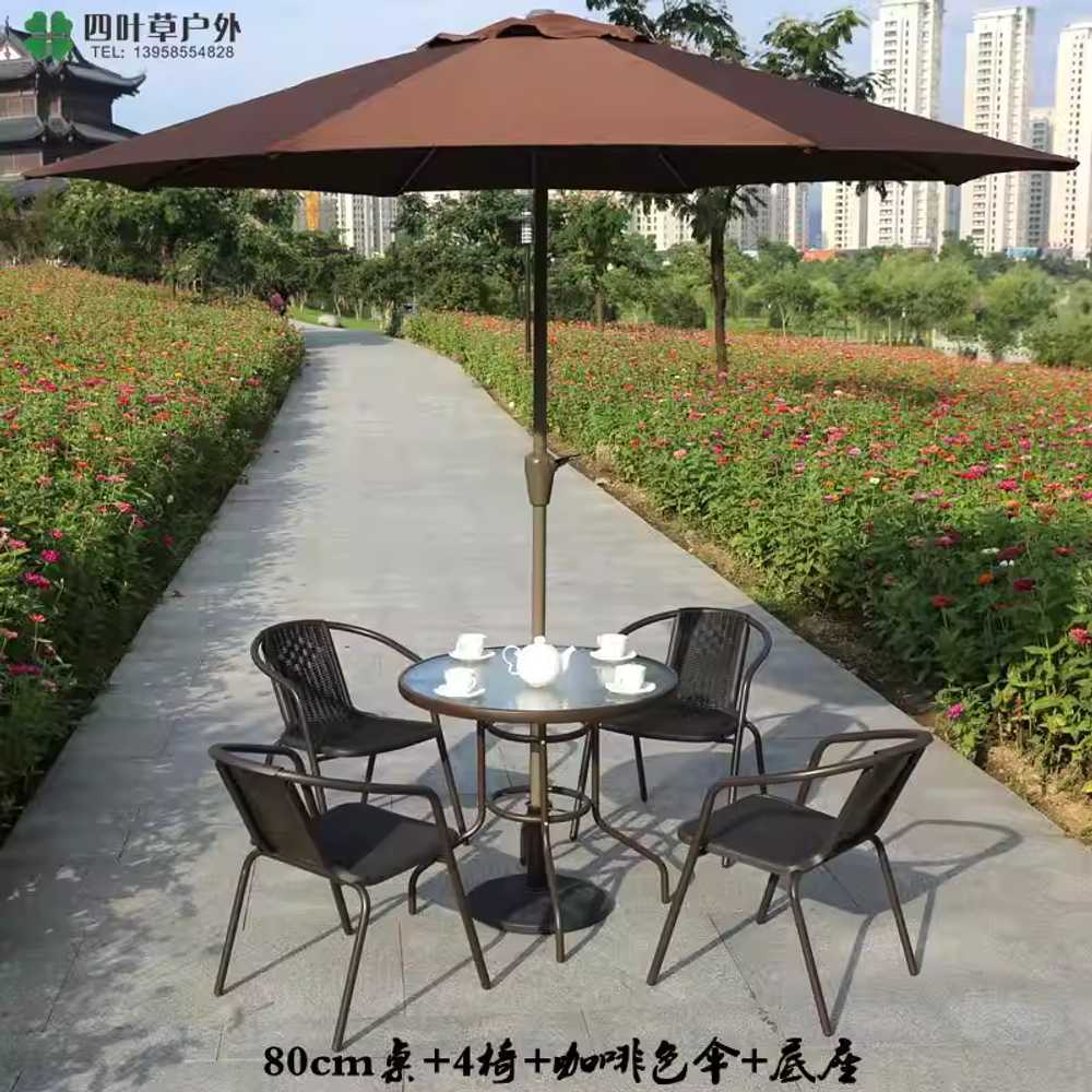 야외 원형테이블 세트 카페의자 파라솔 유리 테라스 80cm 원형/4개의자/레드 파라솔 이미지 6