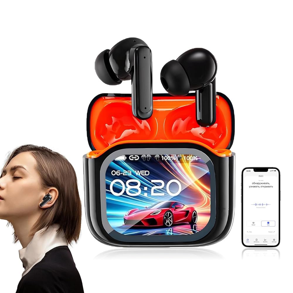 NE20 이어버드, 2025 뉴 6.0 방수(블랙) 감소, 터치 사운드, HD LCD 스테레오 무선 실시간, 이어버드 IPX6 블루투스 번역 소음 AI 프로 48DB 지능형 헤드폰 - 상품 이미지