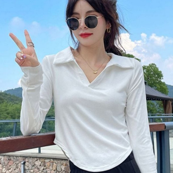 슬림핏 여성 긴 팔 티셔츠 브이넥 여성 카라 티셔츠 골지 - 상품 이미지