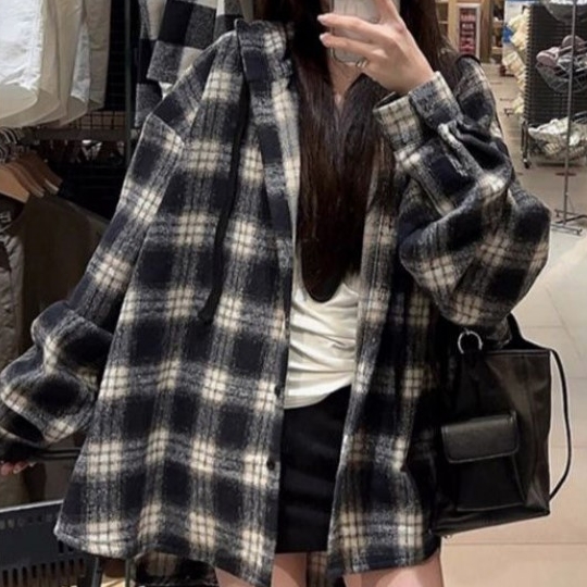 체크 남방 여자 셔츠 무늬 기본 가을 루즈핏 오버핏 심플 긴팔 단추 여성 봄 겨울 캐쥬얼 - 상품 이미지
