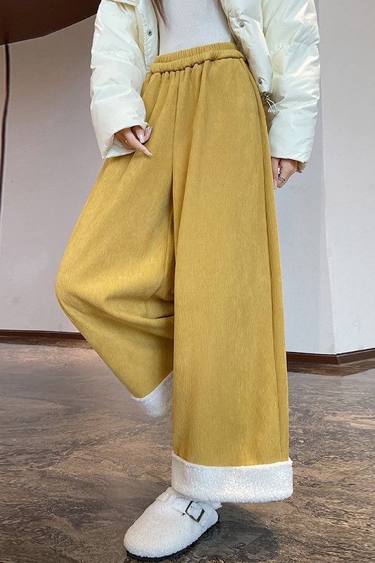 여성 데일리 따뜻한 보온성 기모 와이드 고무줄 밴딩 밑단 배색 포인트 하이웨스트 융기모 안감 통바지 롱 팬츠 이미지 6