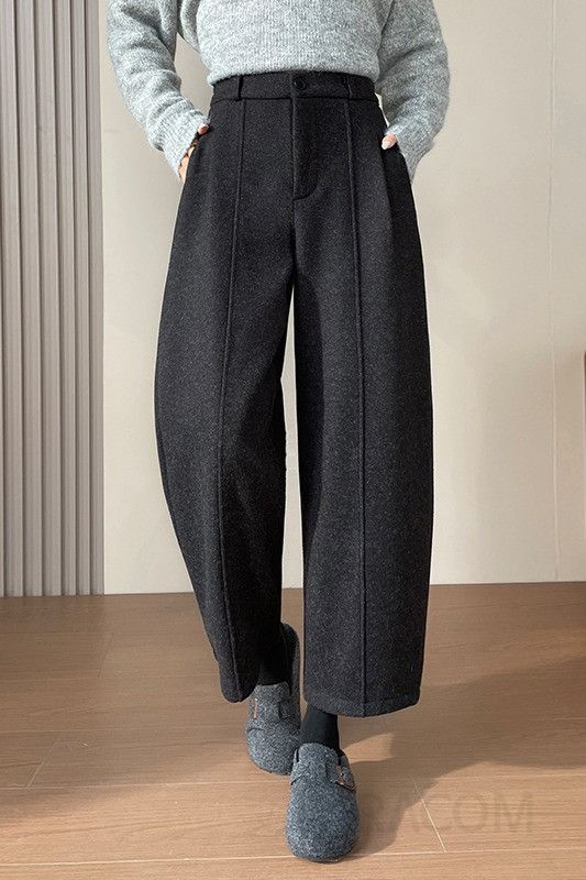 여성 데일리 캐주얼 기모 와이드 배기 하이웨스트 핀턱 밴딩 바지 이미지 6