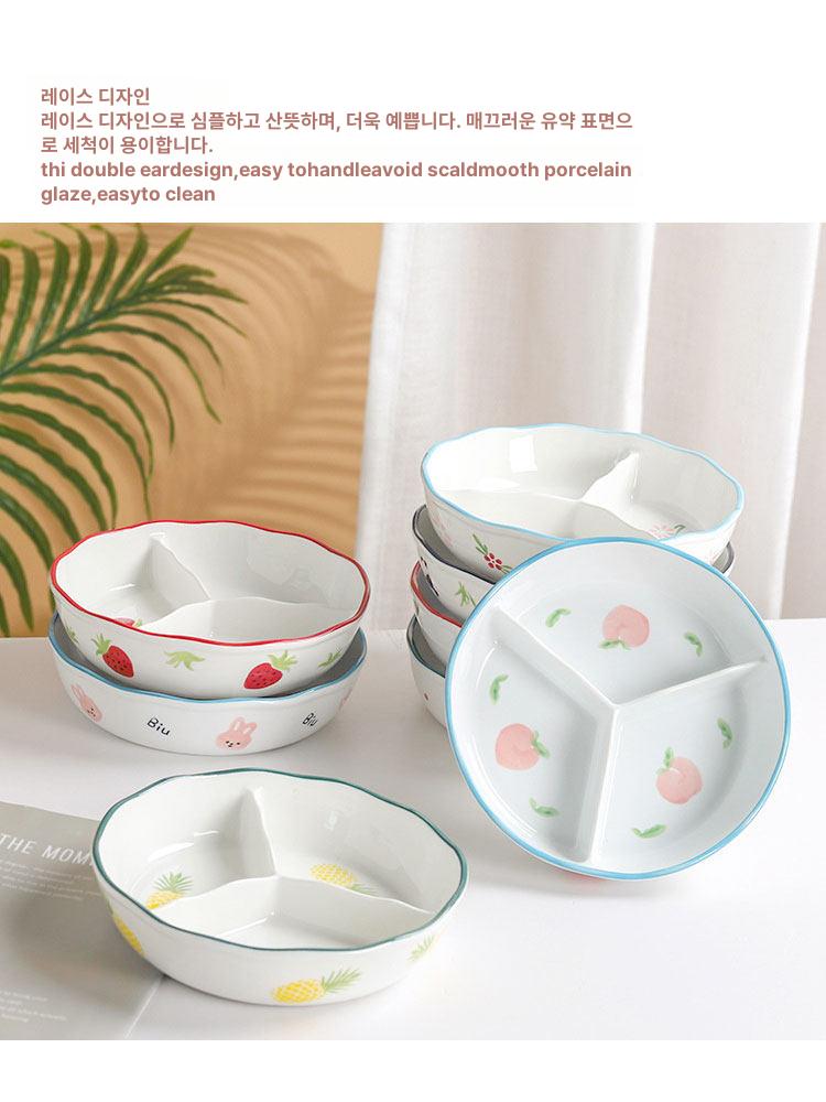 원형 분할 아침 구획 접시 디저트 나눔 만두접시 도자기 7인치 3칸 볼 래빗 - 상세 이미지 2
