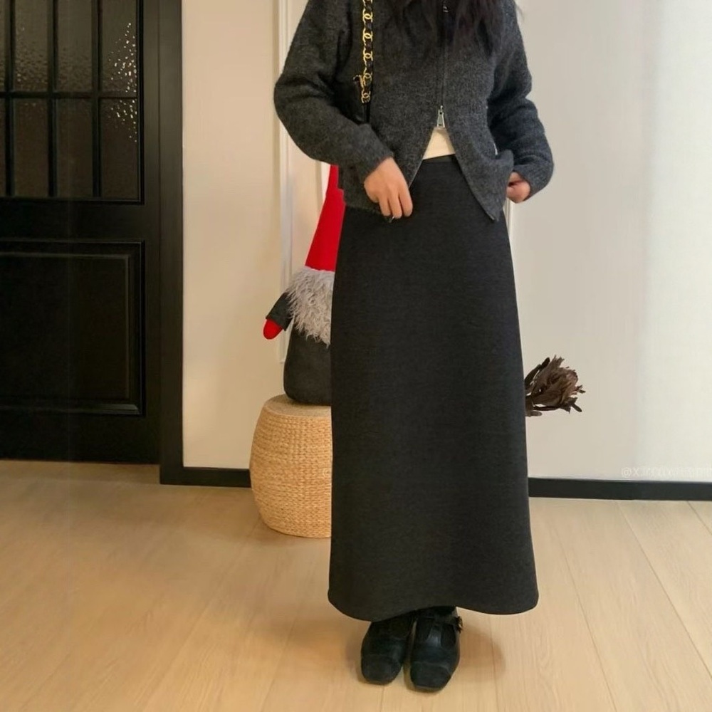 고급 울혼방 니트롱스커트 밴딩 A라인 뒷트임 클래식 심플 도톰 가을겨울 하이웨스트 블랙 - 상품 이미지