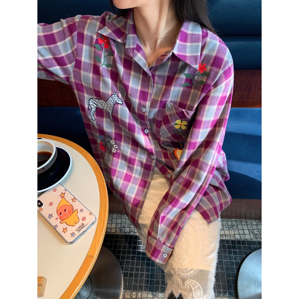 꽃자수 체크 남방셔츠 살짝두꺼운 봄가을 순면 유니크 캐주얼 빈티지풍 예쁜 디자인 퍼플 - 상품 이미지