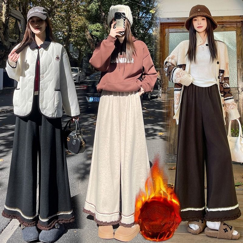 여성 데일리 루즈핏 하이웨스트 밴딩 기모 안감 밑단 배색 프릴 포인트 롱 팬츠 와이드팬츠 하체비만커버 - 상품 이미지