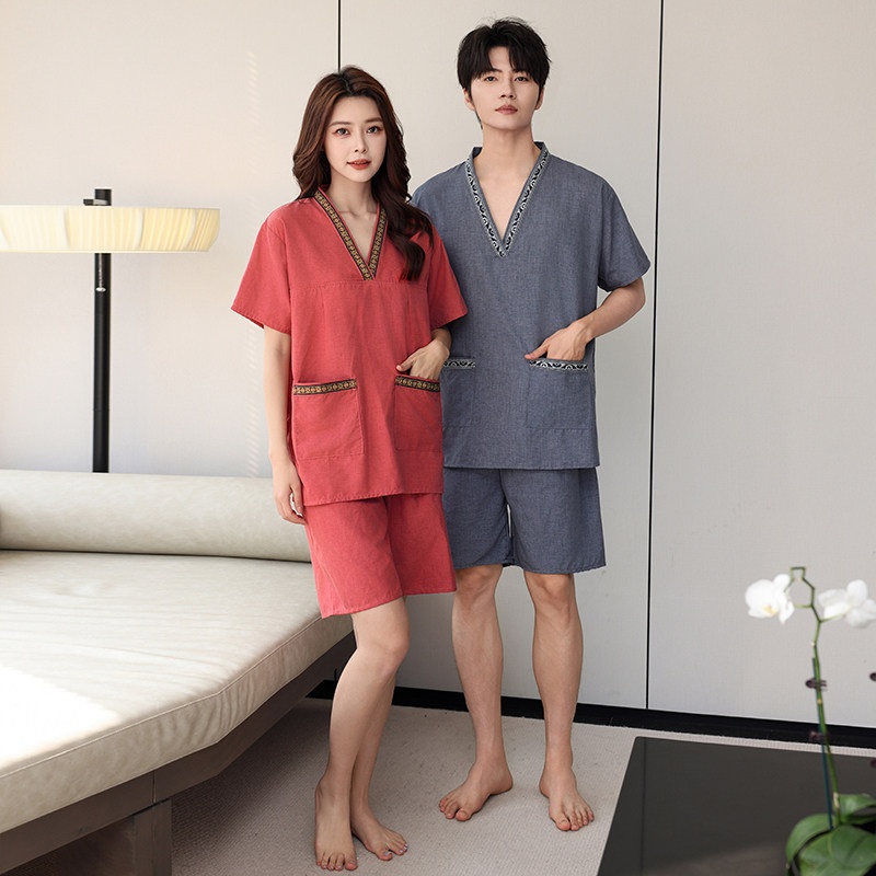 숯가마 찜질복 세트 마사지복 사우나복 업소용 쾌적한 면린넨혼방 통기성좋은 반팔 상하의 - 상세 이미지 2
