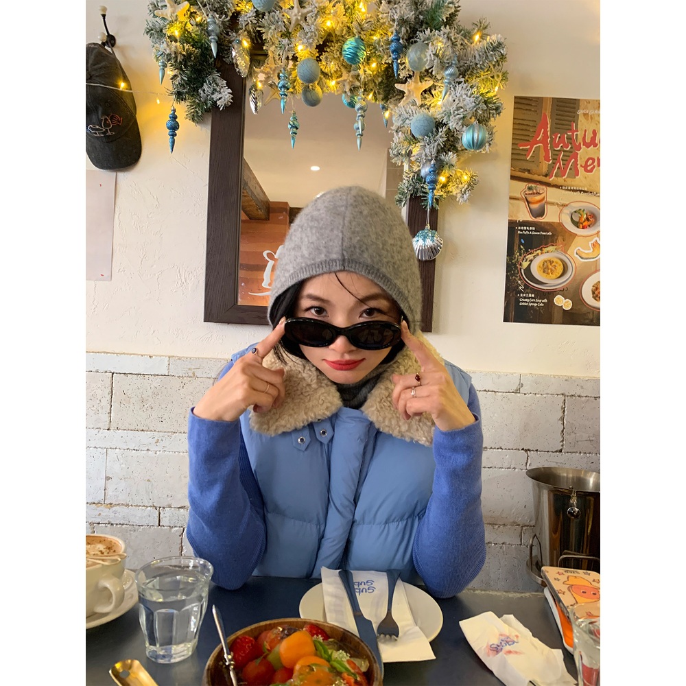 오리털90 양털카라 패딩조끼 안감블루체크 귀여운 키작녀 겨울 레이어드 패션 코디 블루 - 상세 이미지 3