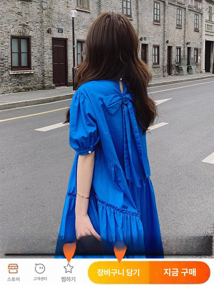 코발트 블루 원피스 휴양지 브이넥 여름 신혼여행 드레스 - 상세 이미지 2