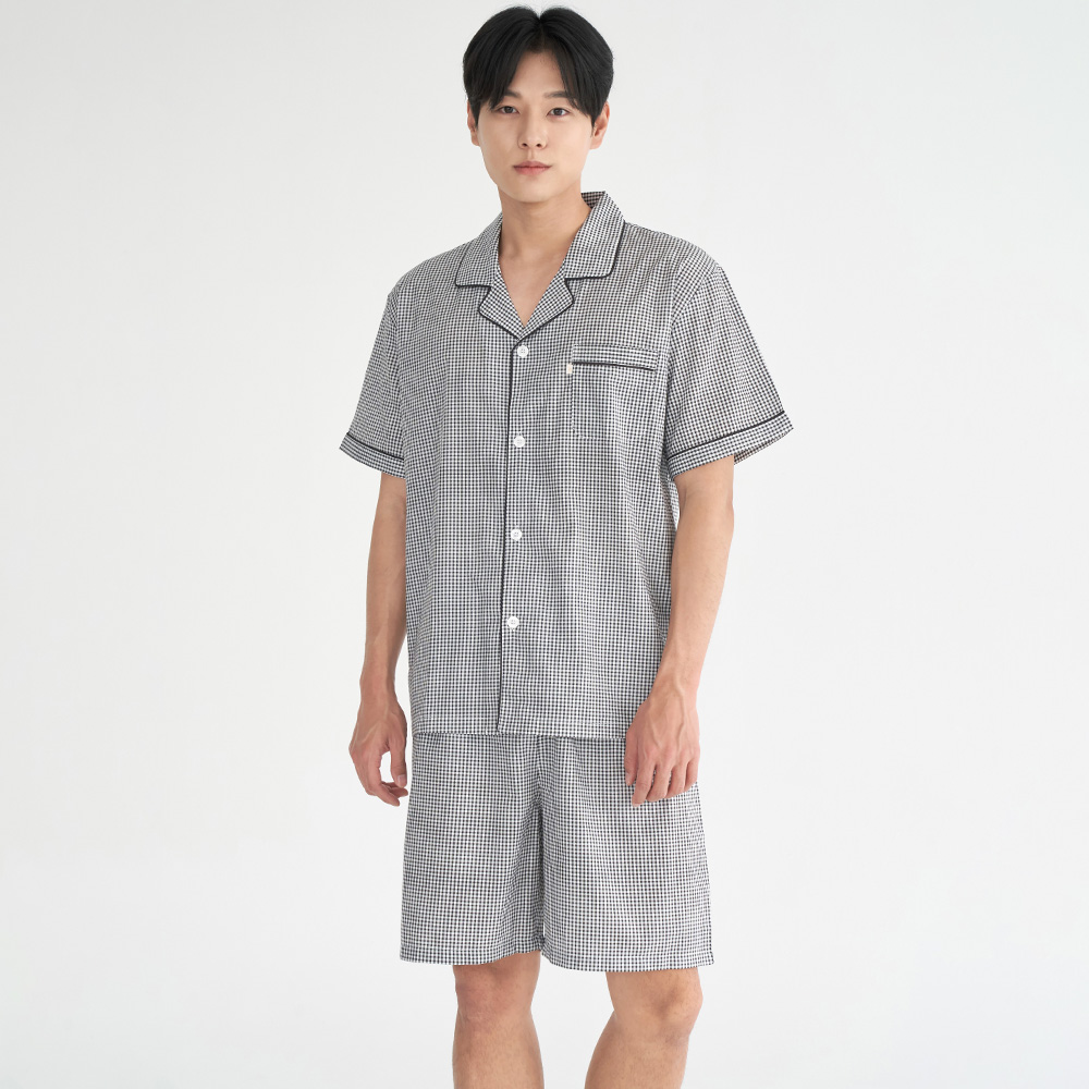세퍼드체크 남성 여름 반팔 순면 아사면 잠옷 파자마 홈웨어 세트 상품 이미지