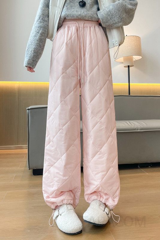 여성 캐주얼 데일리 퀼팅 누빔 고무줄 밴딩 와이드 조거 팬츠 겨울 방한 기모 바지 밑단 스트링 이미지 6