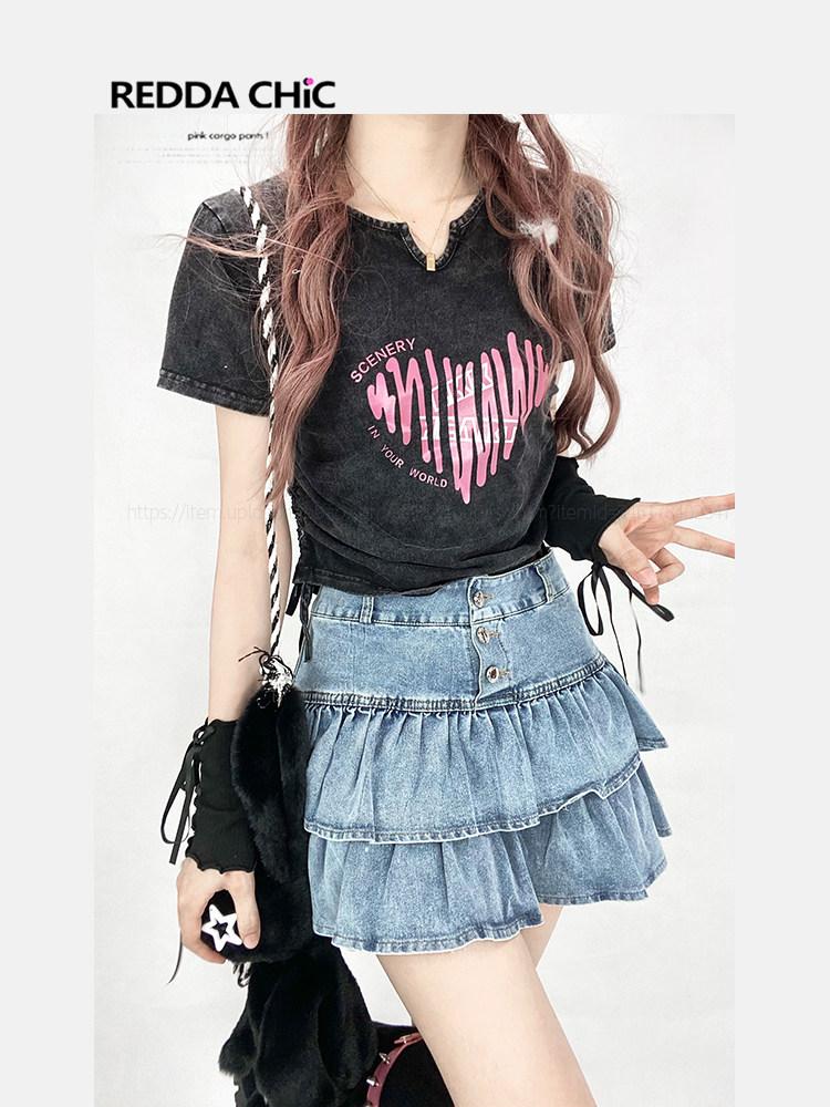 여성 빅사이즈 빈티지 셔츠 하트 프린팅 셔링 지뢰계 - 상세 이미지 3