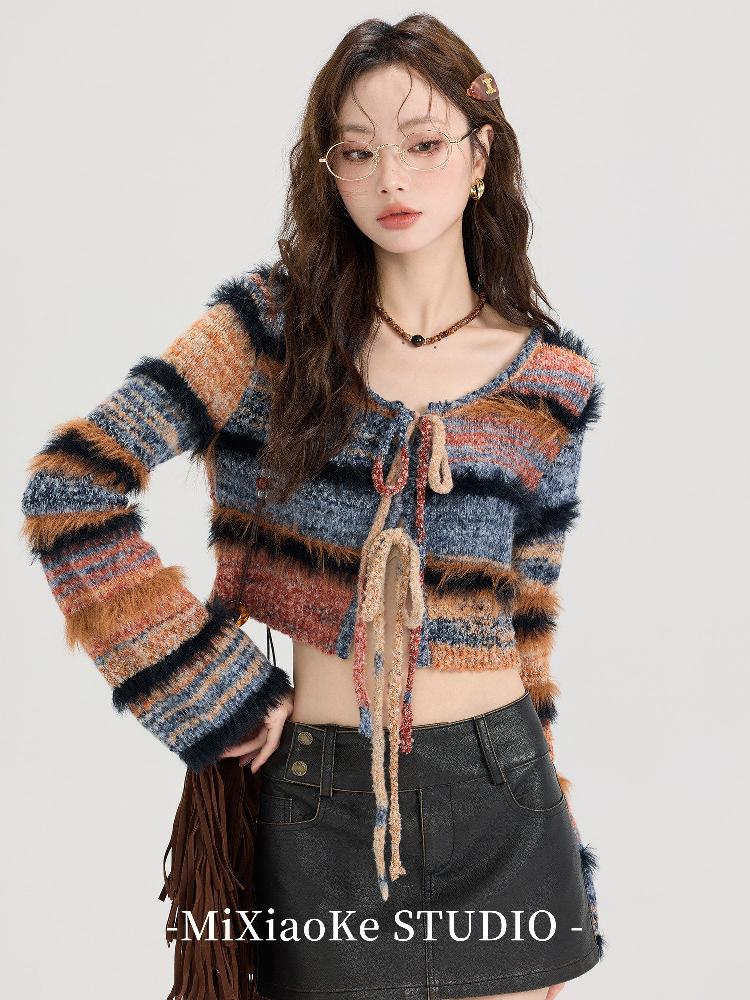 아메리칸 복고 스트라이프 니트 팬츠 가디건 그림 색상 (가디건) S - 상세 이미지 3
