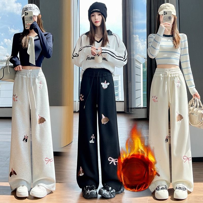 여성 캐주얼 데일리 와이드핏 면혼방 댕댕이 강아지 자수 고무줄 밴딩 롱 와이드 트레이닝 팬츠 - 상품 이미지
