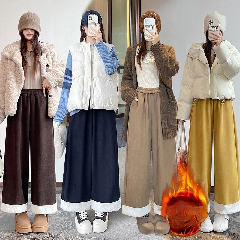여성 데일리 따뜻한 보온성 기모 와이드 고무줄 밴딩 밑단 배색 포인트 하이웨스트 융기모 안감 통바지 롱 팬츠 - 상품 이미지