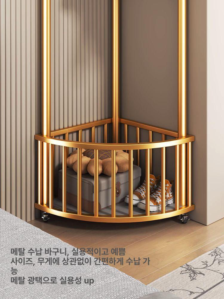 스텐드 틈새 옷걸이 원룸 철제 코트 대형 헹거 드레스룸 럭셔리골드 속이빈메쉬바구니 + 바퀴 - 상세 이미지 3
