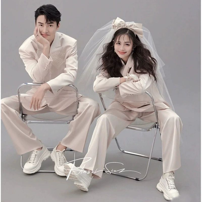 셀프 촬영 정장 셋업 슈트 화이트 남녀공용 슈트 세트 - 상세 이미지 4