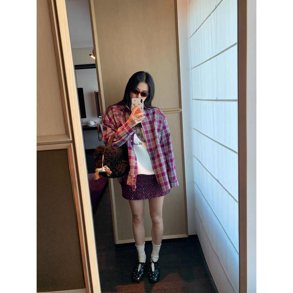 꽃자수 체크 남방셔츠 살짝두꺼운 봄가을 순면 유니크 캐주얼 빈티지풍 예쁜 디자인 퍼플 - 상세 이미지 2