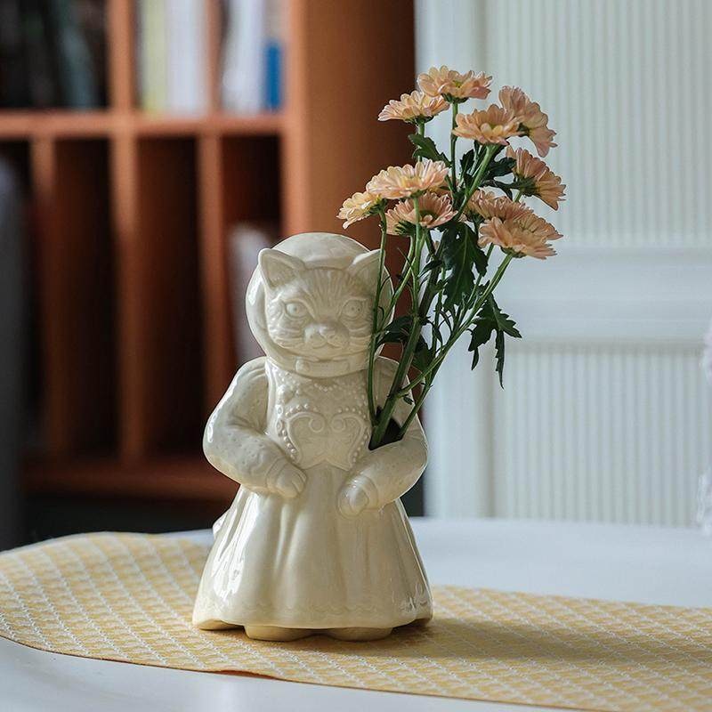 인테리어 화병 소형 도자기 대형 소품 오브제 꽃꽂이 감성 무광 엔틱 고양이 꽃병 24cm - 상품 이미지
