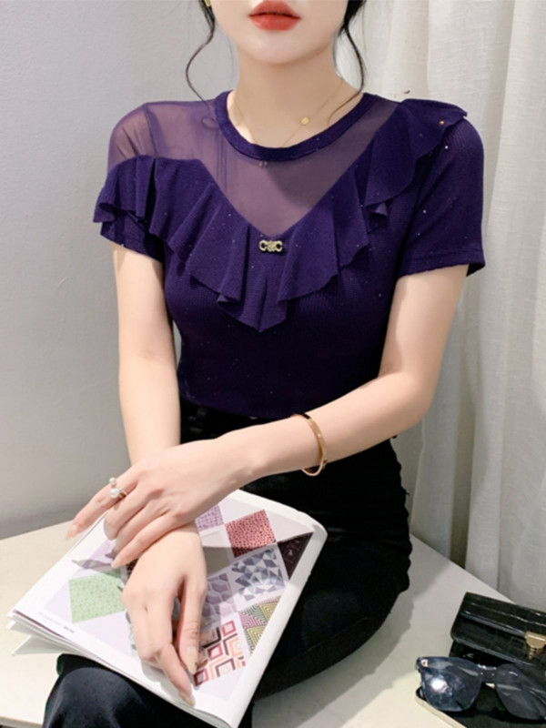 라인댄스복상의 여름 프릴 반팔 티셔츠 라틴 댄스스포츠 자이브 챠밍 왈츠 밸리 줌바복 의상 - 상세 이미지 3