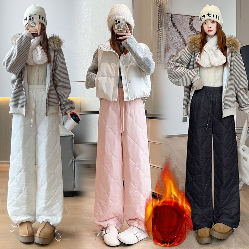 여성 캐주얼 데일리 퀼팅 누빔 고무줄 밴딩 와이드 조거 팬츠 겨울 방한 기모 바지 밑단 스트링 - 상품 이미지