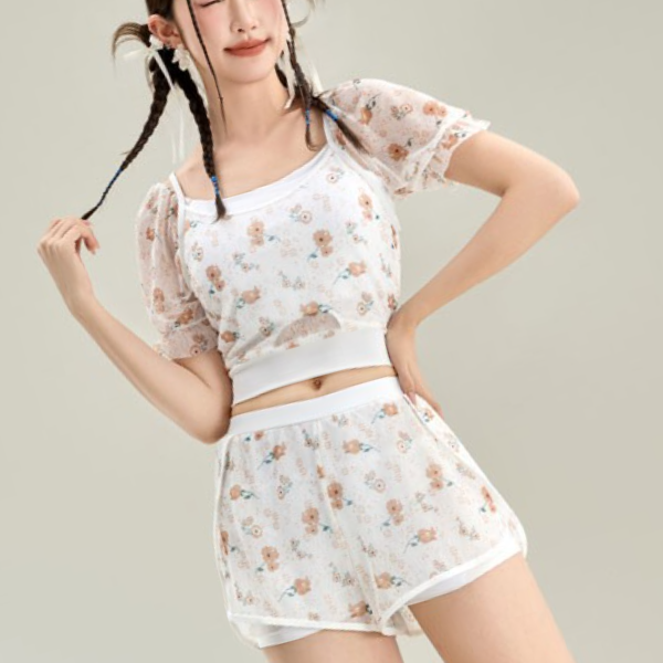 상큼 플라워 백 리본 투피스 수영복 비키니 모노키니 래쉬가드 투피스 치마 세트 여름 휴가 비치 - 상품 이미지