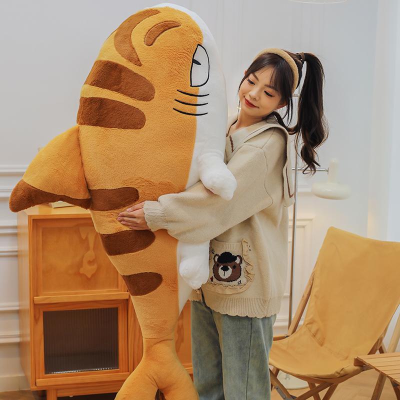 상어 애착 인형 모찌 촉감 거대 플러시 안고자는 롱쿠션 라지 오렌지 샤크 캣 150cm - 상세 이미지 4