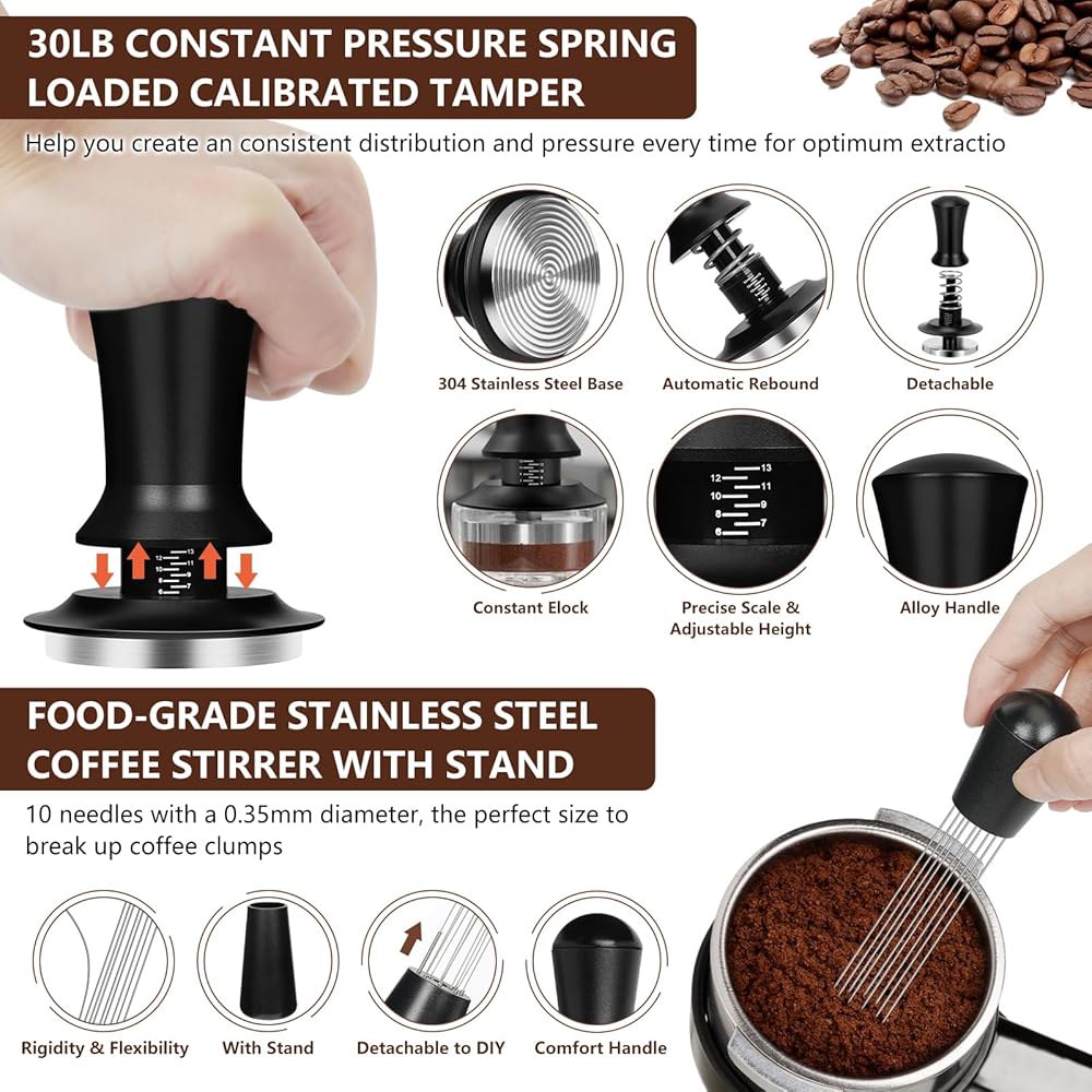 Y-Step 25 PCS 에스프레소 액세서리 키트, 탬퍼 키트 커피 세트, 스프링 로드 보정이 포함된 51mm 탬퍼, 퍽 스크린 및 투약 깔때기, WDT 도구, 라떼 아트 51mm - 상세 이미지 3