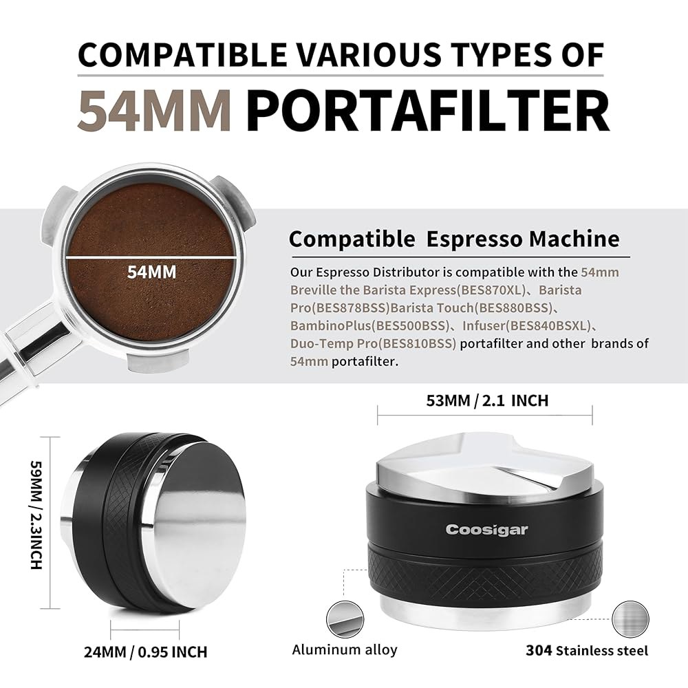 쿠시가 54mm 커피 디스트리뷰터 겸 변조기, 듀얼 헤드 레벨러, 브레빌 포타필터, 프로페셔널 에스프레소 핸드 변조기에 적합합니다. 53.3MM Black - 상세 이미지 2