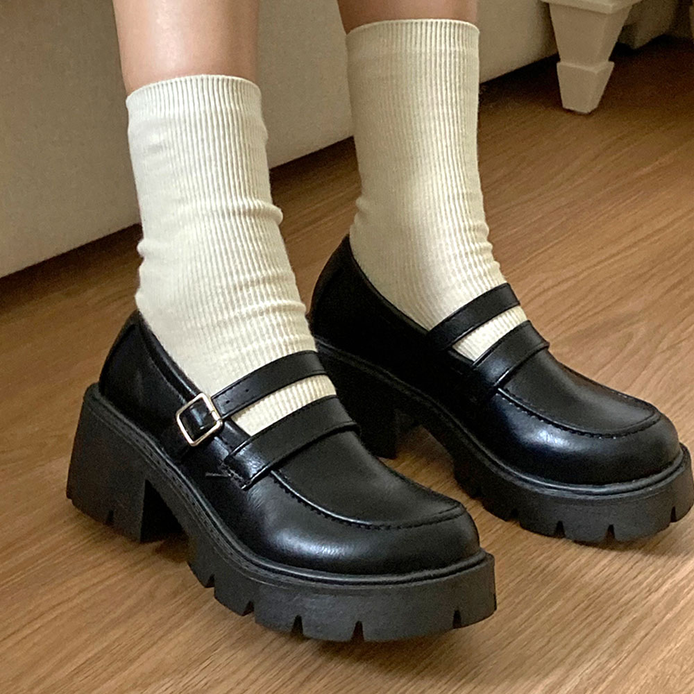 버클 메리제인로퍼 청키 여성키높이 통굽 발편한 블랙 로퍼