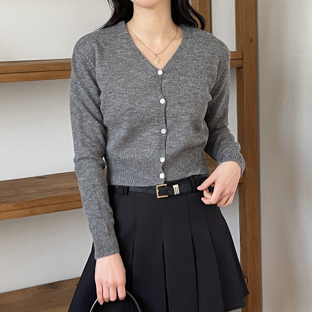 루즈핏 울 브이넥가디건 숏 크롭 여성 니트가디건 봄 간절기 블랙 그레이 화이트 - 상세 이미지 2