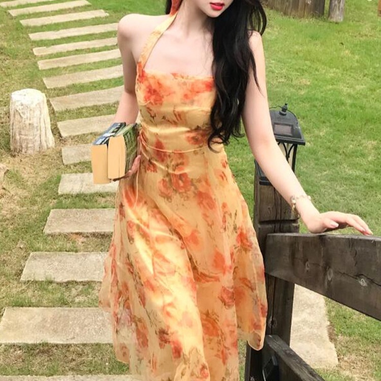 여름 꽃무늬 홀터넥 시스루 쉬폰 가볍고 시원한 하늘하늘 A라인 플레어 여성스러운 - 상세 이미지 2