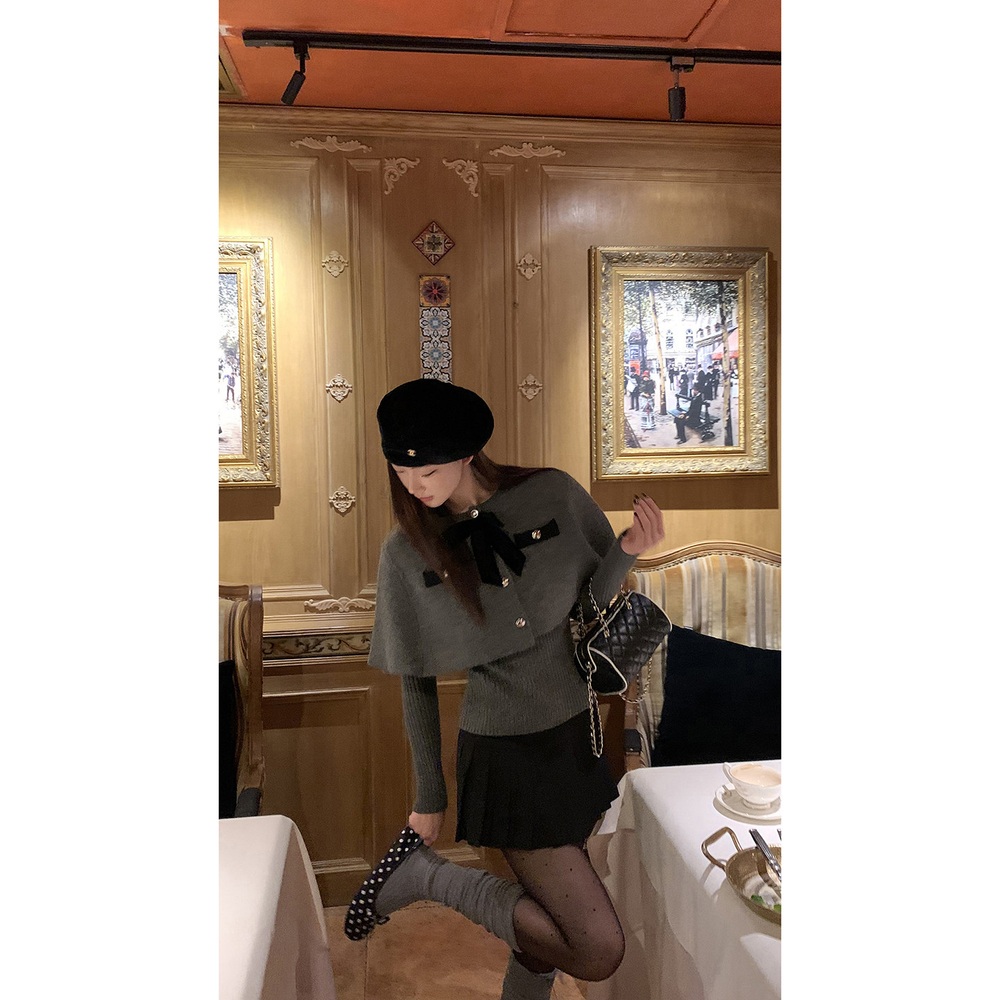 브이넥니트 숄케이프 세트 슬림핏 투피스 레이어드 공주풍 리본달린 디자인 가을겨울 다크그레이 - 상세 이미지 4