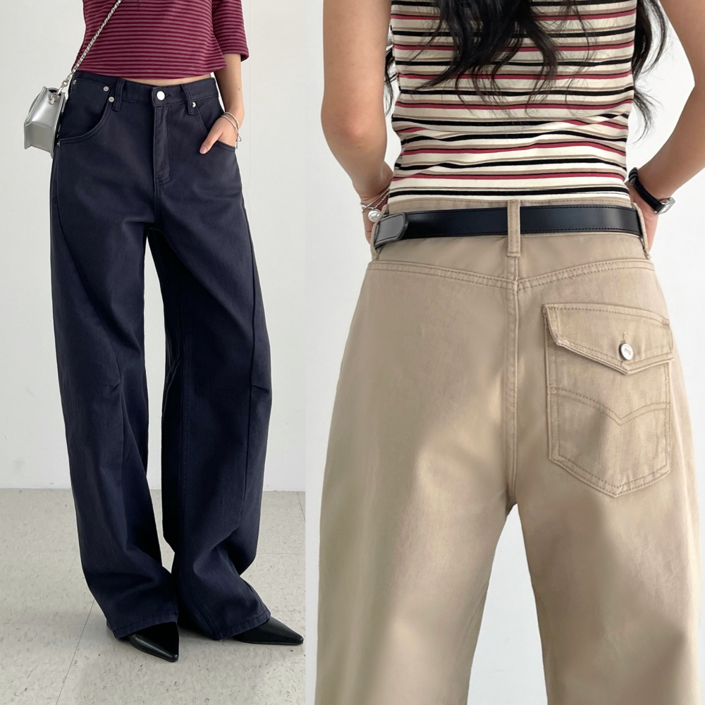 커브드팬츠 여성 봄 가을 벌룬핏 면 코튼 통바지 화이트 베이지 네이비 리엔 언발커브팬츠 제품 이미지