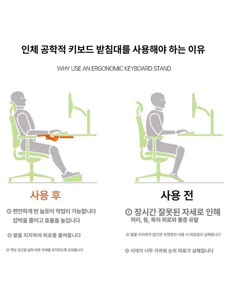 키보드 받침대 손목 접이식 키보드받침 연장 선반 마우스 64 x 23cm 그레이 플랫 단축 레일 - 상세 이미지 3