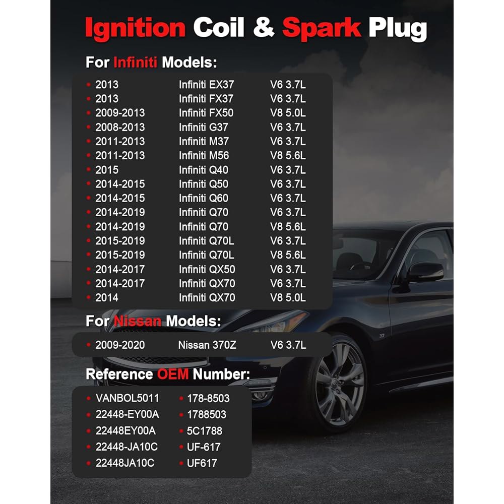 밴볼 6개 점화 코일 팩 UF617 및 이리듐 스파크 플러그 90174 세트 2008-2013 인피니티 G37 14-15 Q50 13 FX37 2014-2017 QX70 09-20 - 상세 이미지 3