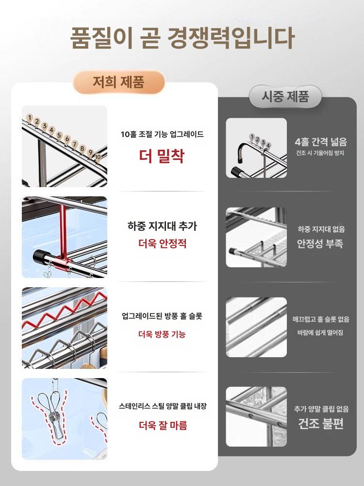 빨래 건조대 베란다 실용형 이불 접이식 무타공 설치형 1단계 하중봉 78 140cm + 방풍 홈 - 상세 이미지 2