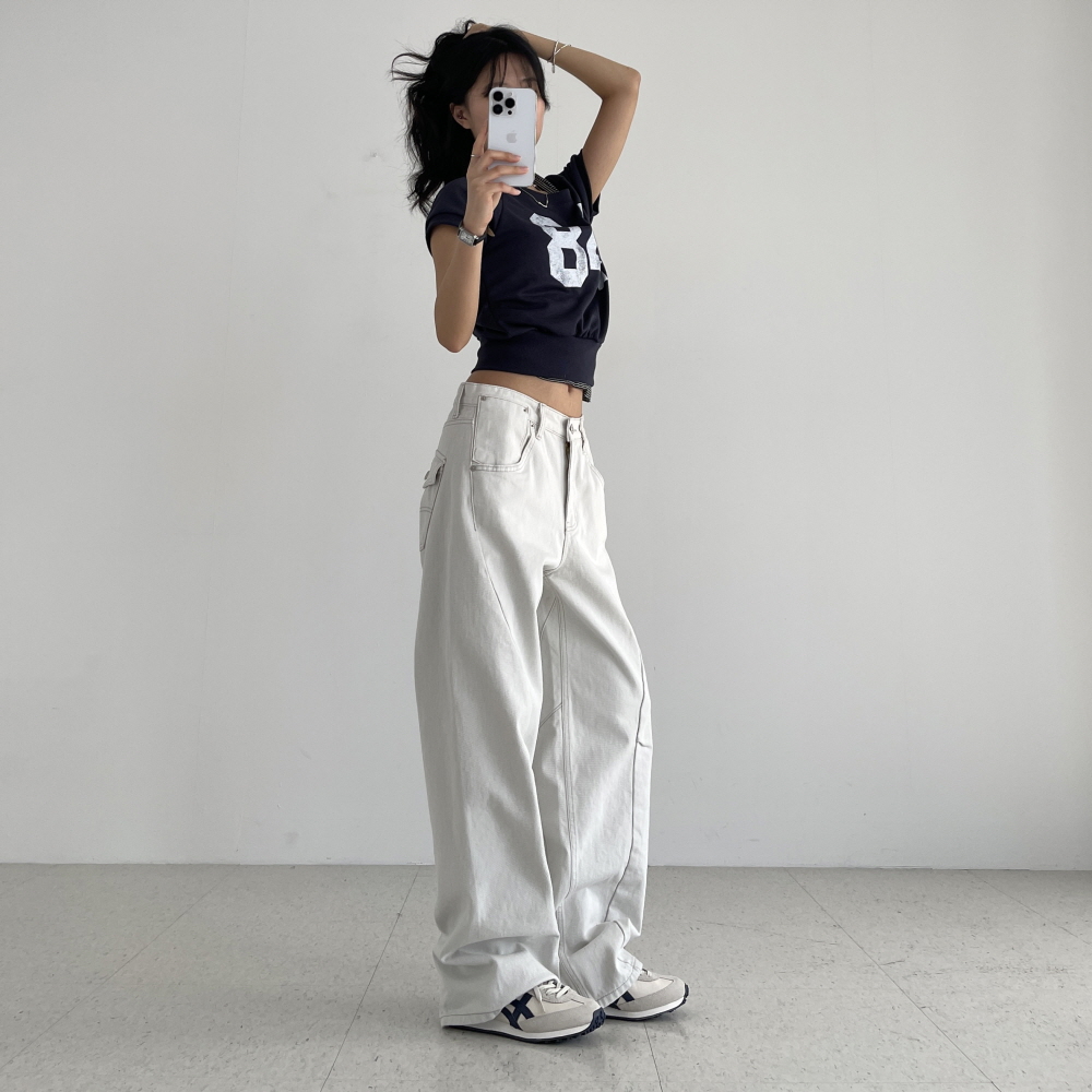 커브드팬츠 여성 봄 가을 벌룬핏 면 코튼 통바지 화이트 베이지 네이비 리엔 언발커브팬츠 이미지 4